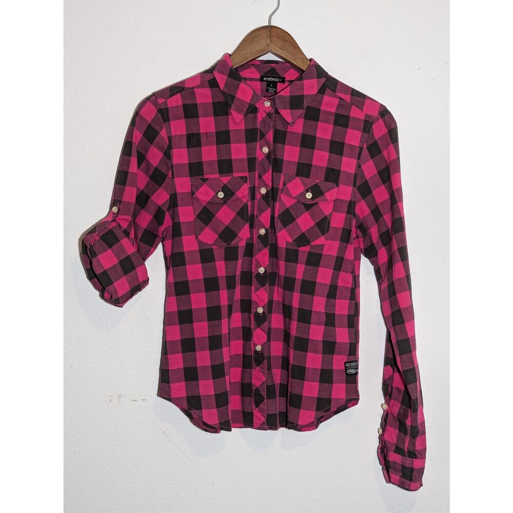 GIrl's Eckored Long Sleeve Hot Pink and Black Checkered Shirt Size L